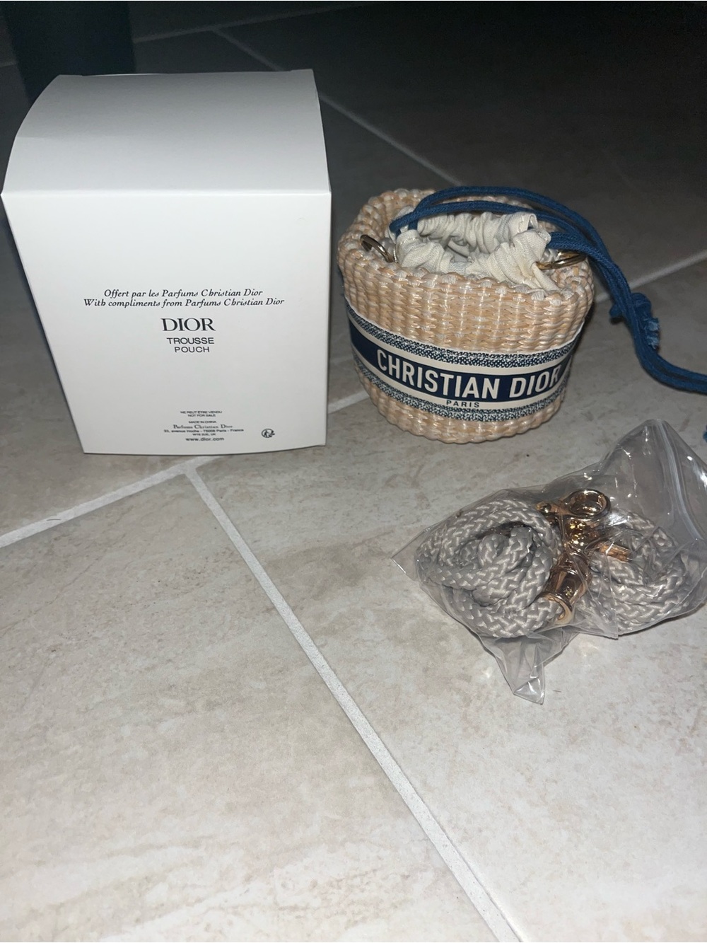 Dior Beige & Navy Christian Dior Woven Drawstring Pouch